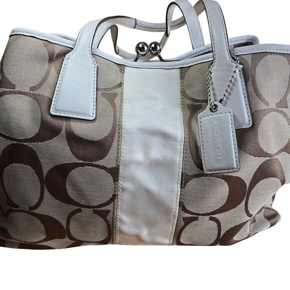 Coach F13533 Signature Leather Stripe Tote Carryall Logo Canvas Purse Handbag LN - Picture 3 of 11